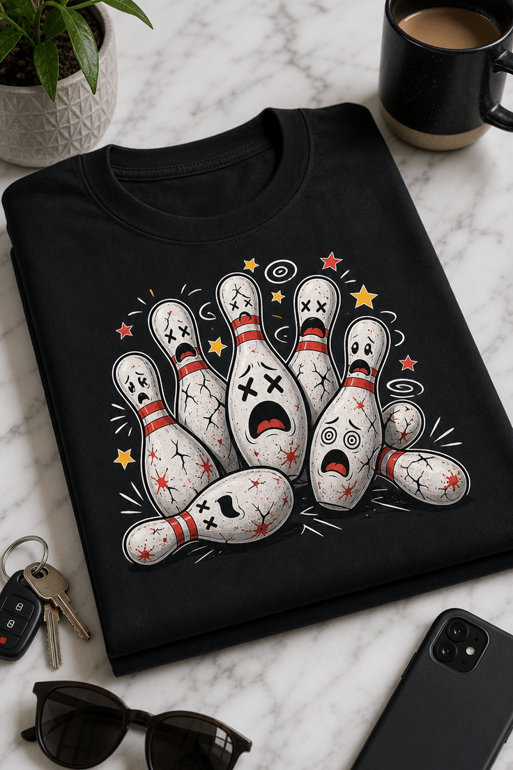 Humoristična majica z ilustracijo prestrašenih in poškodovanih kegljev