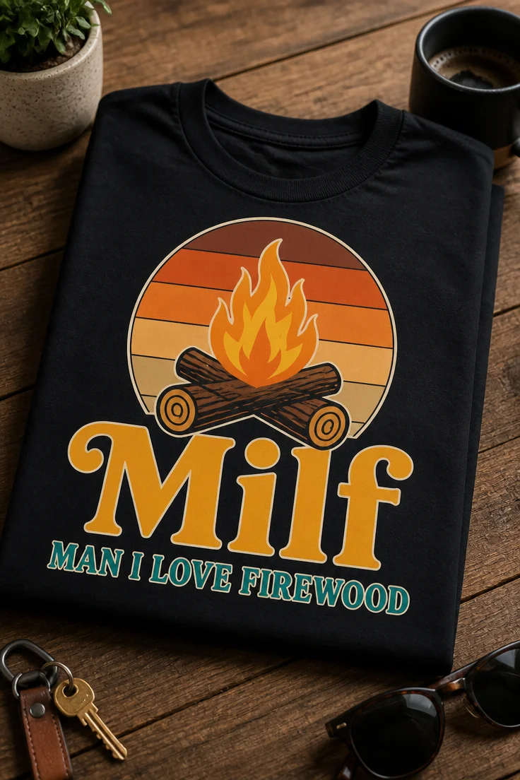 Majica z napisom Milf MAN I LOVE FIREWOOD in retro motivom tabornega ognja