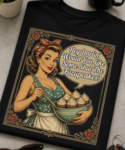 Majica z napisom Hey Darlin' Would You Like Some Shut The Fucupcakes? in retro pin-up kuhinjskim motivom