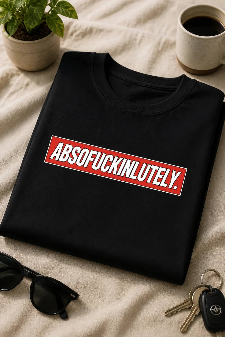 Majica z napisom ABSOFUCKINLUTELY. v rdečem pravokotniku