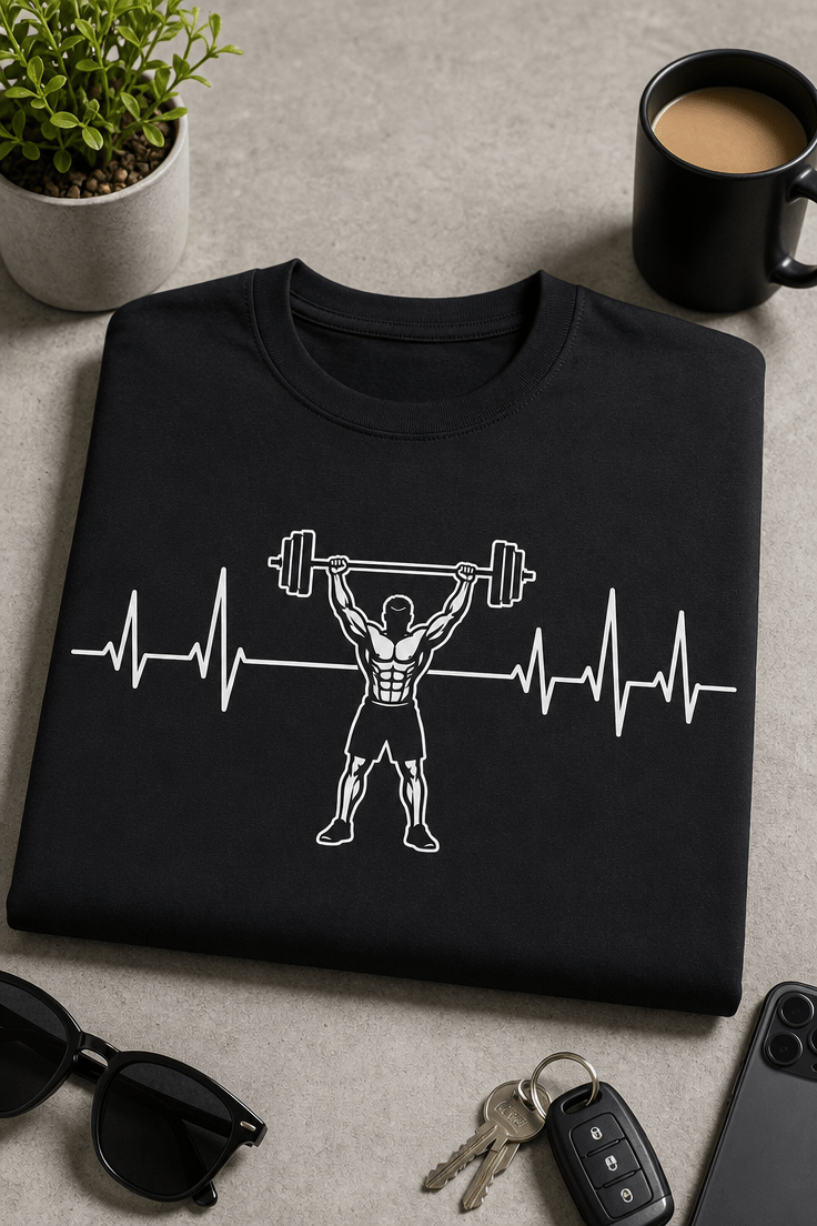 Minimalistična fitnes majica z motivom srčnega utripa, uteži in športnika