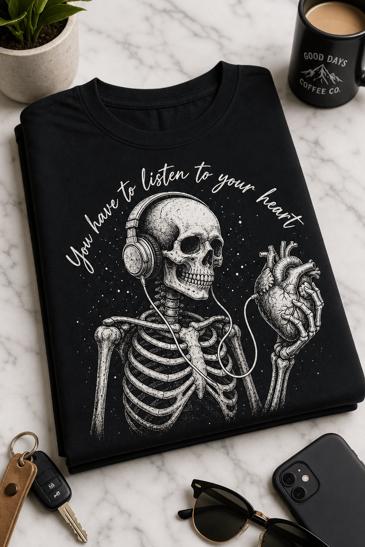 Majica You have to listen to your heart z motivom okostnjaka, slušalk in anatomskega srca