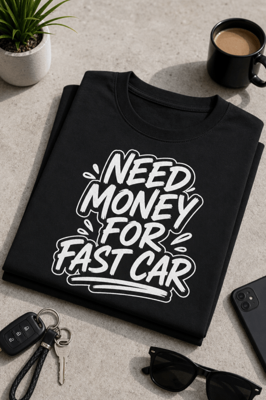Majica z napisom Need money for fast car za ljubitelje hitrih avtov