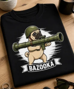 Majica z napisom BAZOOKA in risanim mopsom, ki drži bazuko