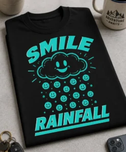 Majica z napisom SMILE RAINFALL, nasmejanim oblačkom in dežjem smeškov
