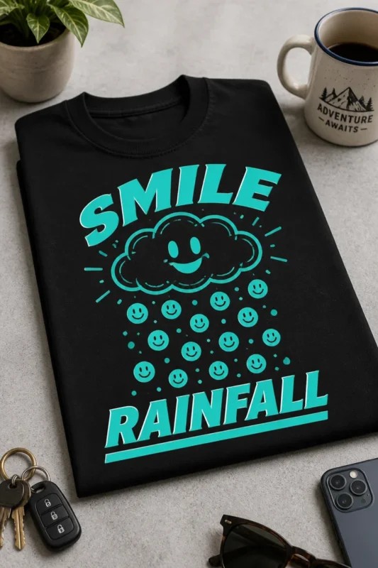Majica z napisom SMILE RAINFALL, nasmejanim oblačkom in dežjem smeškov
