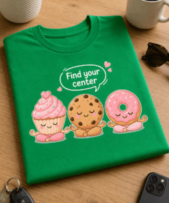 Majica z napisom Find your center in kawaii motivom cupcakea, piškota in krofa med meditacijo