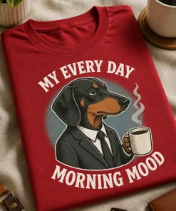 Majica z napisom MY EVERY DAY MORNING MOOD in jazbečarjem v obleki s skodelico kave