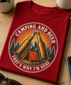 Majica z retro motivom kampiranja, piva, šotora in sloganom Camping and beer, that's why I'm here