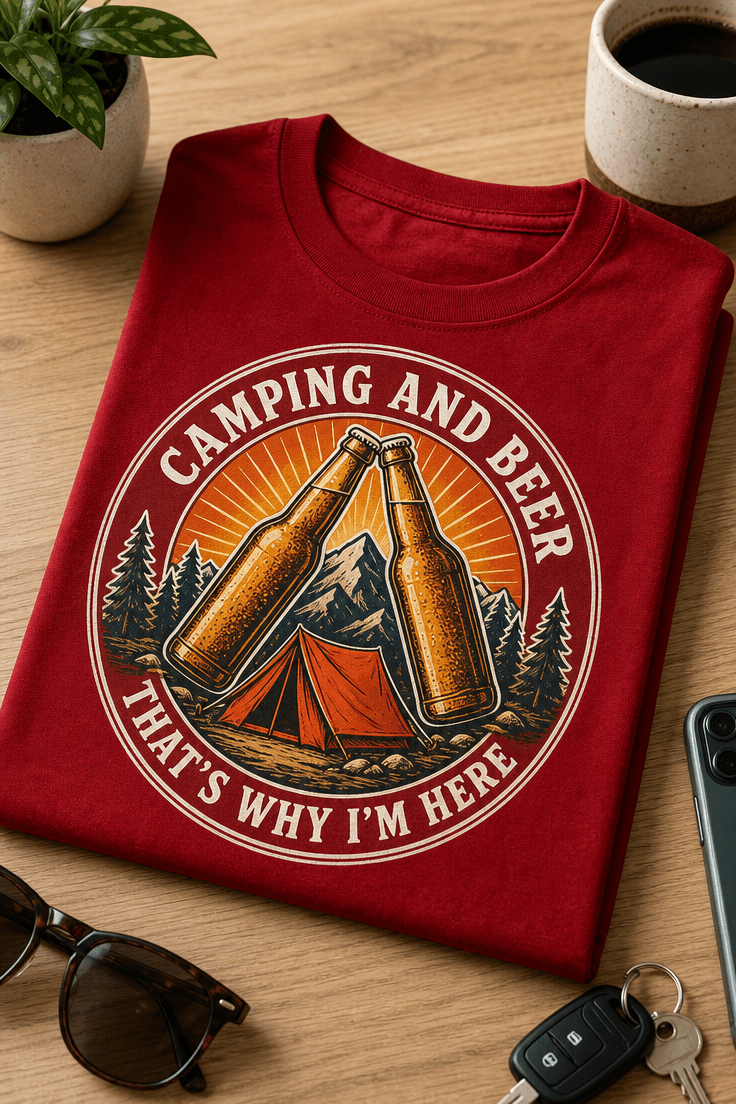 Majica z retro motivom kampiranja, piva, šotora in sloganom Camping and beer, that's why I'm here