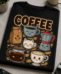 Majica z napisom COFFEE in prikupnimi kawaii kavnimi motivi
