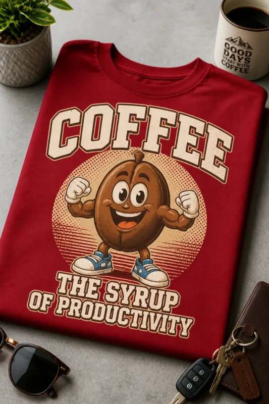 Majica z napisom COFFEE THE SYRUP OF PRODUCTIVITY in retro motivom kavnega zrna