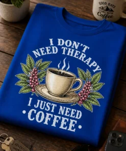 Majica z napisom I DON'T NEED THERAPY I JUST NEED COFFEE in vintage motivom skodelice kave