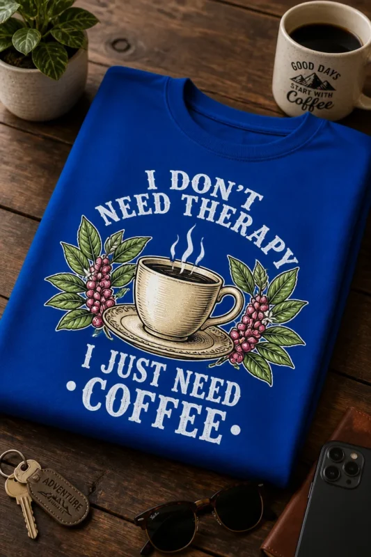 Majica z napisom I DON'T NEED THERAPY I JUST NEED COFFEE in vintage motivom skodelice kave