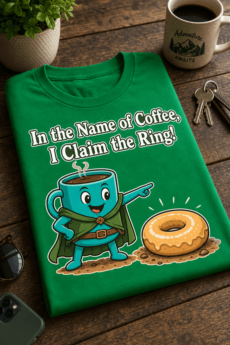 Majica z napisom In the Name of Coffee, I Claim the Ring! in simpatičnim motivom skodelice kave ter krofa