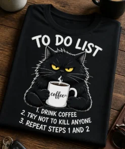 Smešna majica z napisom TO DO LIST 1. DRINK COFFEE 2. TRY NOT TO KILL ANYONE 3. REPEAT STEPS 1 AND 2 in motivom mačka ob skodelici kave