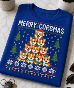 Božična majica Merry Corgmas z motivom korgijev v slogu grdega božičnega puloverja