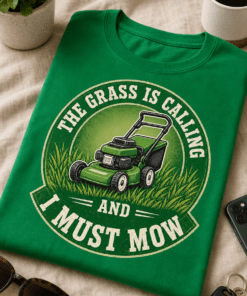 Majica z napisom THE GRASS IS CALLING AND I MUST MOW in motivom zelene kosilnice v vintage znački
