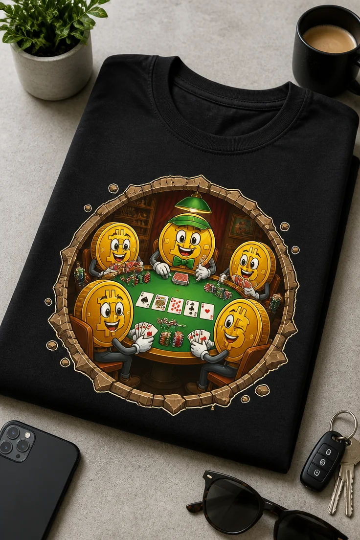 Majica z ilustracijo prikupnih kriptokovancev, ki sedijo za poker mizo in igrajo karte
