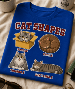 Majica z napisom CAT SHAPES in ilustracijami štirih mačk v oblikah kvadrata, kroga, trikotnika in pravokotnika