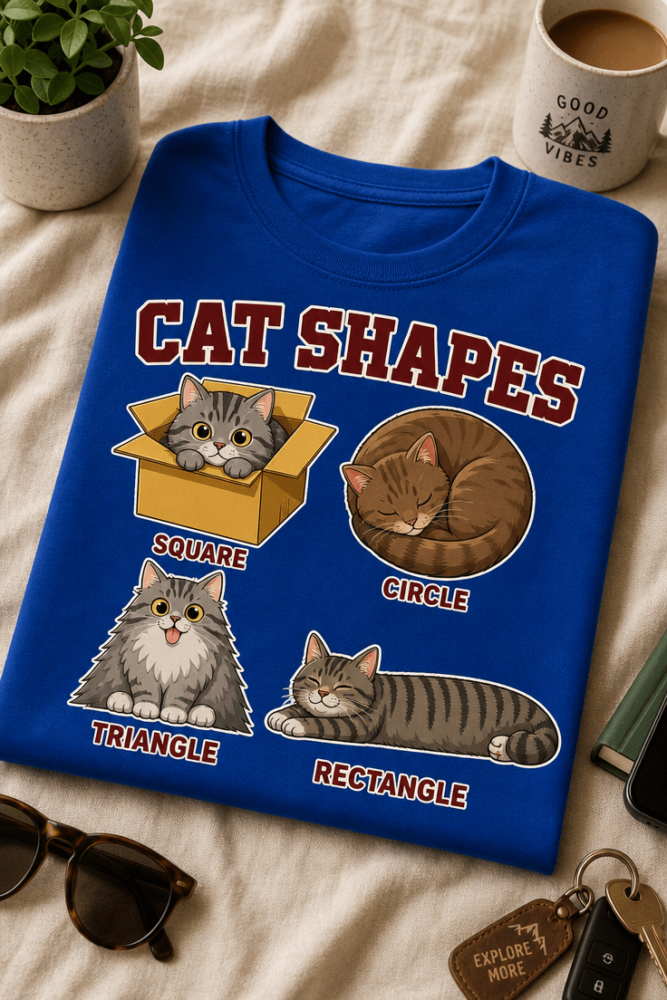 Majica z napisom CAT SHAPES in ilustracijami štirih mačk v oblikah kvadrata, kroga, trikotnika in pravokotnika