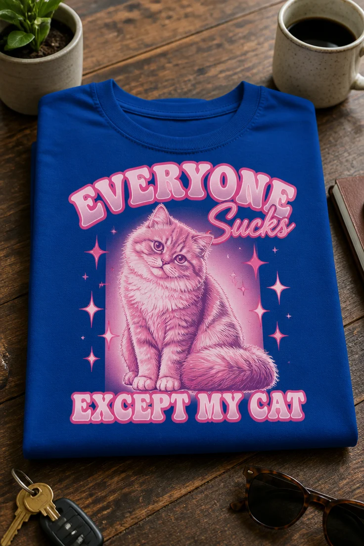 Majica z napisom EVERYONE Sucks EXCEPT MY CAT in retro motivom rožnate mačke