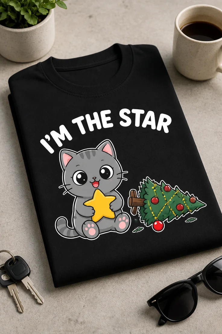 Majica z napisom I'm the star, sivo mačko, zvezdo in prevrnjeno božično smrečico