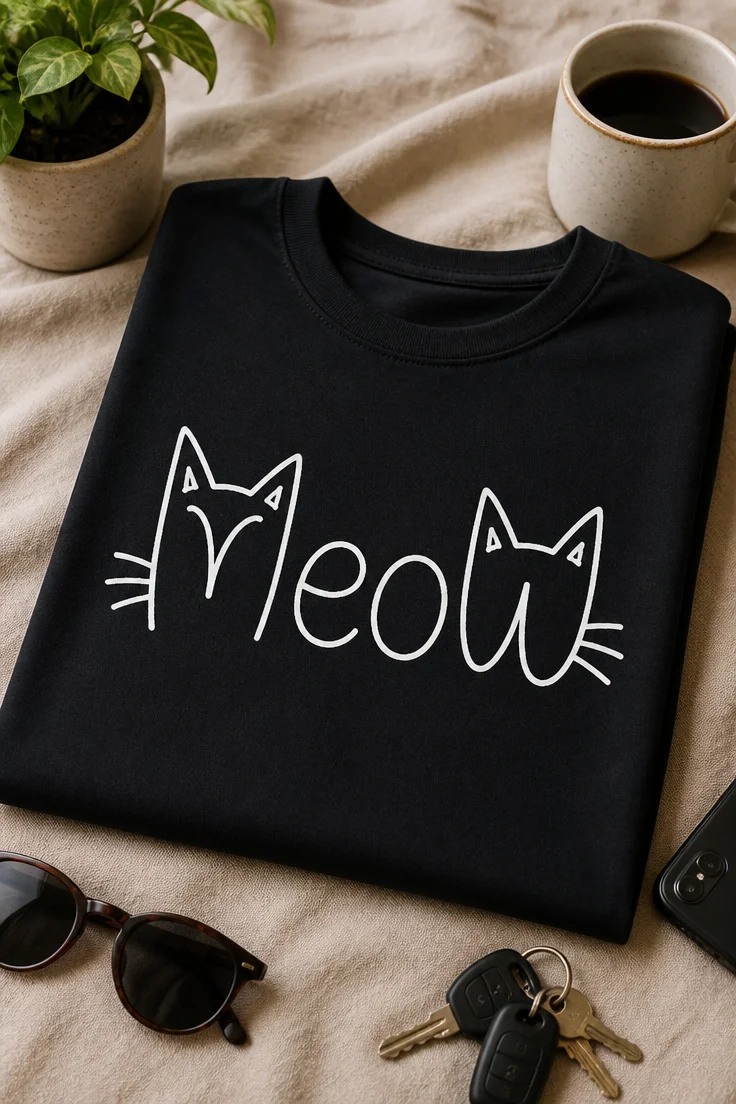 Majica z napisom Meow v minimalističnem mačjem slogu za ljubitelje mačk