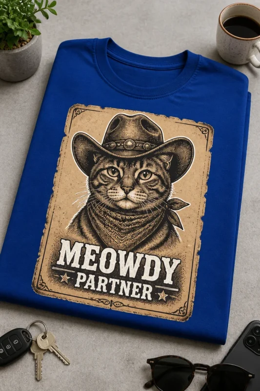 Majica z napisom MEOWDY PARTNER in motivom kavbojske mačke