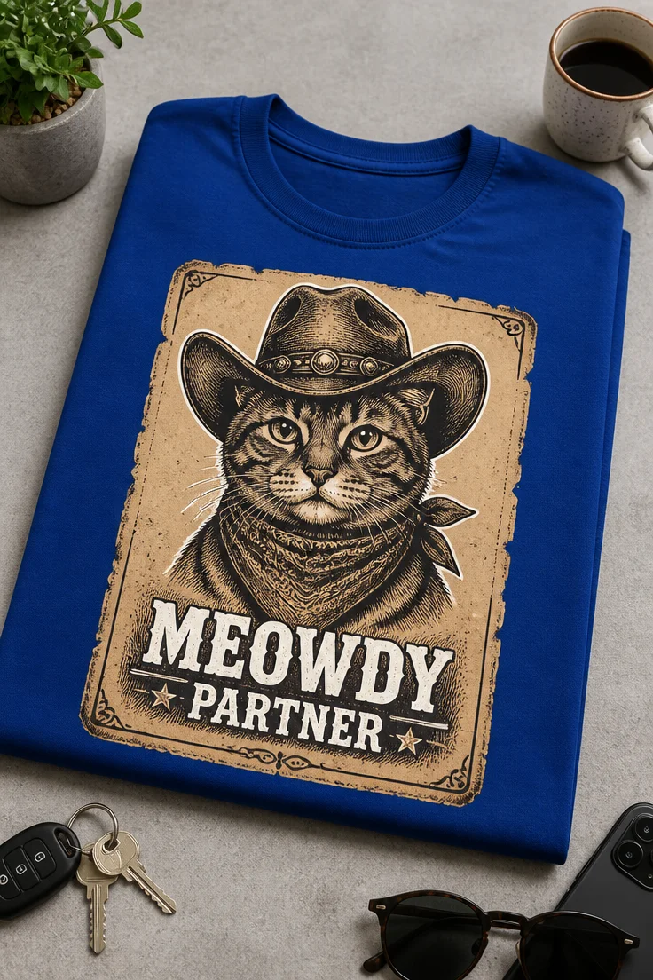 Majica z napisom MEOWDY PARTNER in motivom kavbojske mačke