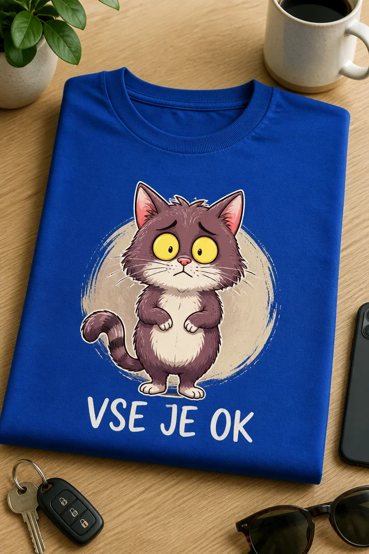 Majica z napisom VSE JE OK in prikupnim zmedenim mačkom