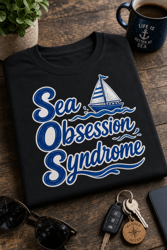 Majica z napisom Sea Obsession Syndrome v modrem ročnem slogu z jadrnico in valovi