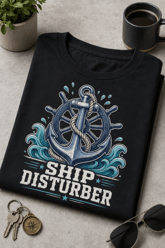 Majica z navtičnim motivom sidra in krmila ter napisom Ship disturber
