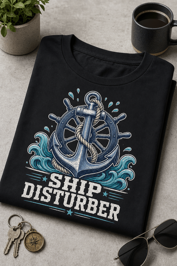 Majica z navtičnim motivom sidra in krmila ter napisom Ship disturber