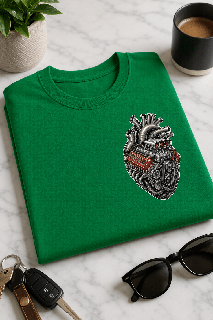Majica z ilustracijo motorja v obliki anatomskega srca na levi strani prsnega koša