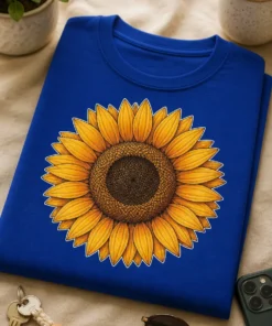 Majica z velikim motivom sončnice v vintage botaničnem slogu
