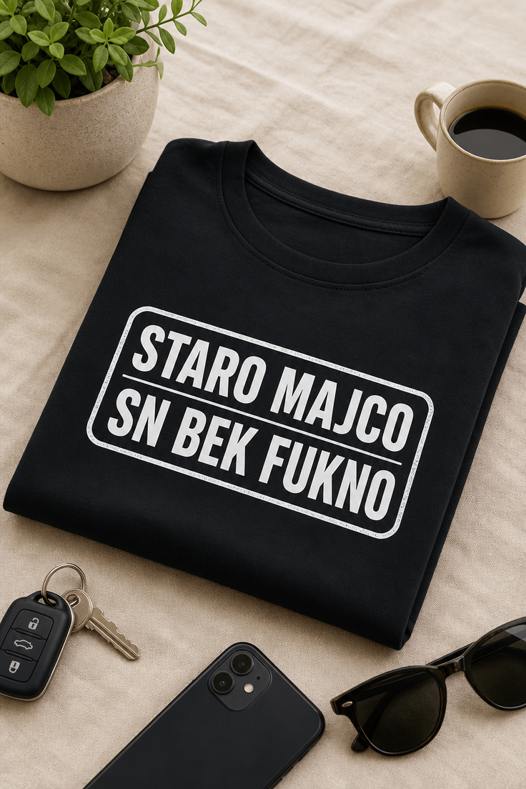 Majica z napisom Staro majco sn bek fukno v čisti tipografski postavitvi