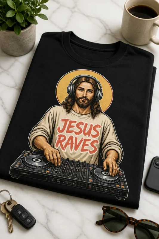 Majica z napisom JESUS RAVES in ilustracijo Jezusa kot DJ-ja za mešalko