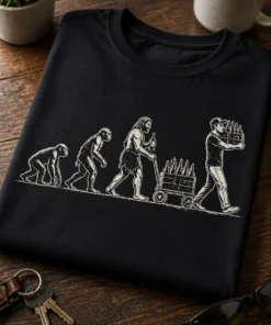 Majica z motivom evolucije človeka do moškega, ki nosi zaboj piva