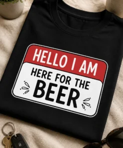 Majica z napisom HELLO I AM HERE FOR THE BEER v slogu imenske nalepke