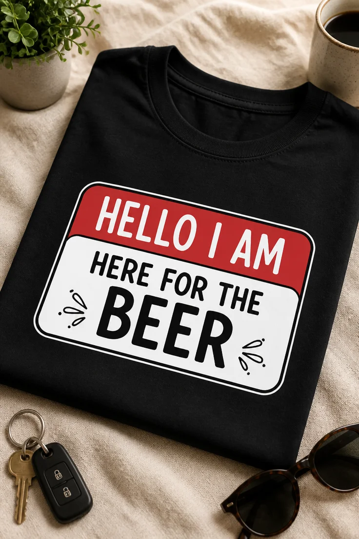 Majica z napisom HELLO I AM HERE FOR THE BEER v slogu imenske nalepke