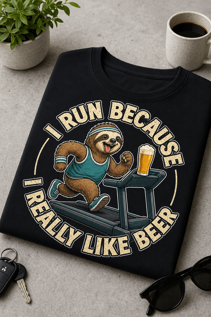 Majica z napisom I run because I really like beer in motivom lenivca na tekočem traku s kozarcem piva