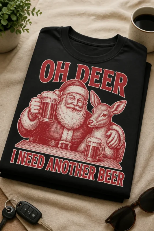 Majica z napisom Oh deer I need another beer, Božičkom, jelenom in pivskim motivom