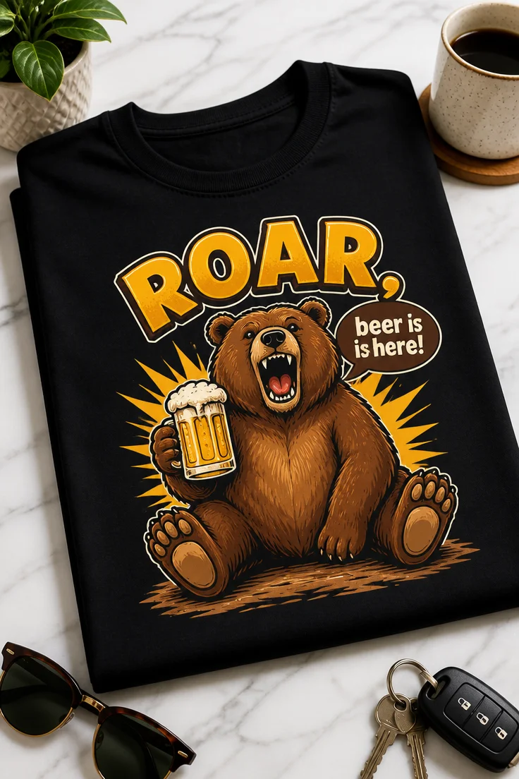 Majica z napisom ROAR, beer is here! in risanim medvedom, ki drži vrček piva