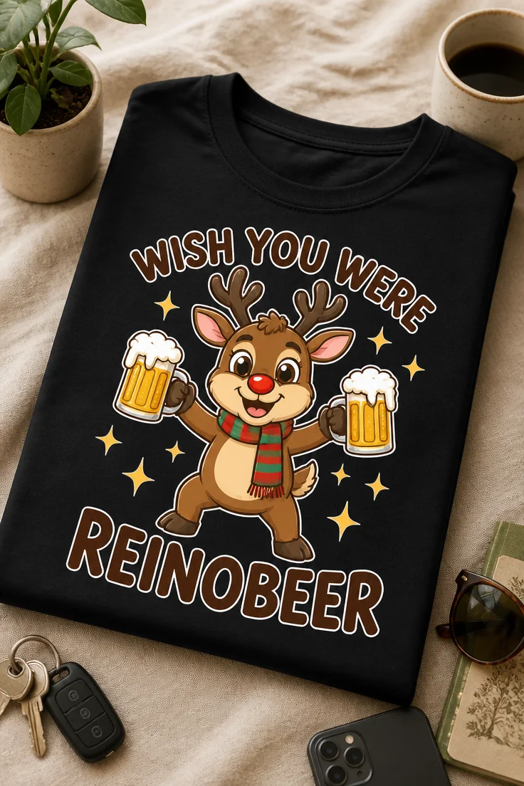 Božična majica z napisom WISH YOU WERE REINOBEER in prikupnim jelenčkom, ki drži dva vrčka piva