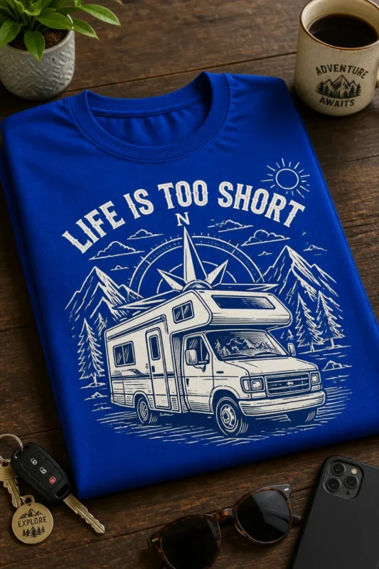 Majica z napisom LIFE IS TOO SHORT ter motivom avtodoma, kompasa in gora