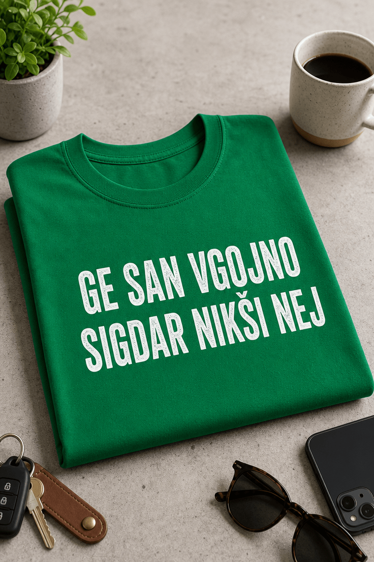 Majica z napisom Ge san vgojno sigdar nikši nej v prekmurskem narečju