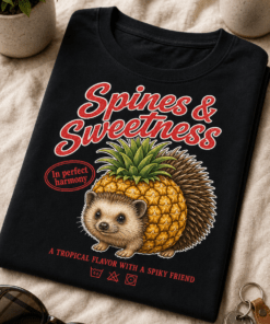 Majica z napisom Spines & Sweetness in motivom ježka-ananas hibrida v retro slogu