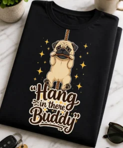 Majica z napisom Hang in there Buddy in ilustracijo mopsa, ki visi na vrvi