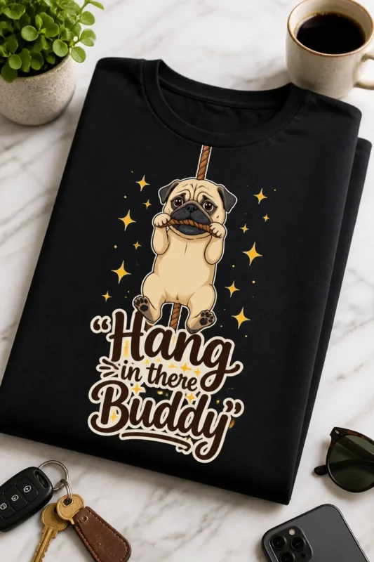 Majica z napisom Hang in there Buddy in ilustracijo mopsa, ki visi na vrvi